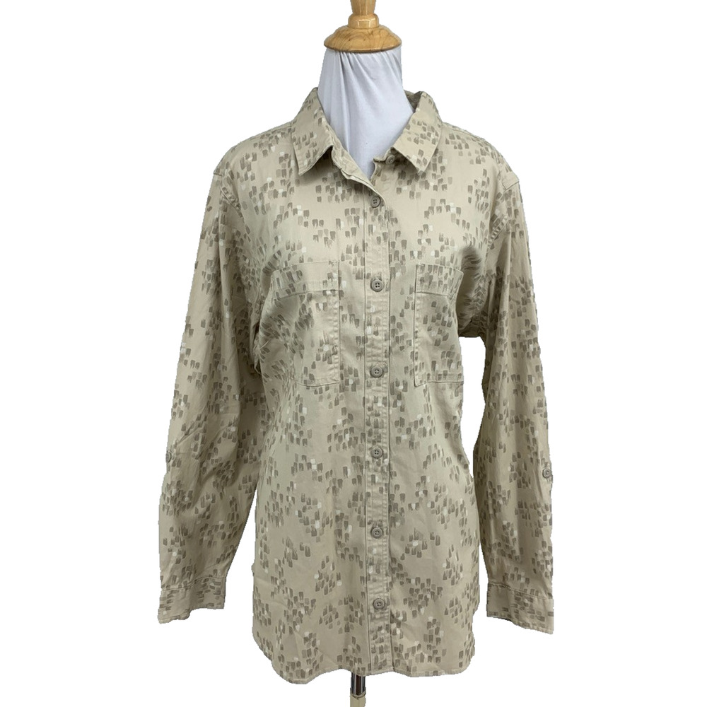 LL Bean Shirt Women XL Extra Large Beige Stone Comfort Tencel Cotton Long Sleeve